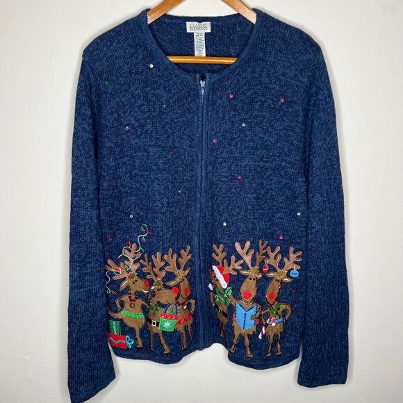 Vtg Classic Elements Sweater Jacket Medium Reindeer Ugly Christmas Full Zip 90s - Picture 1 of 7